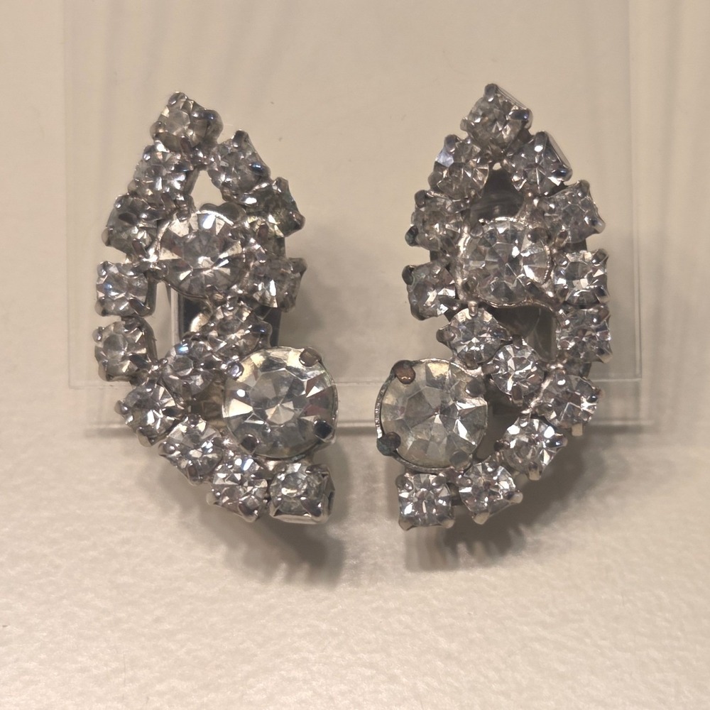 Sparkling Crystal Cluster Clip On Earrings Huggie Statement Glamour AS IS